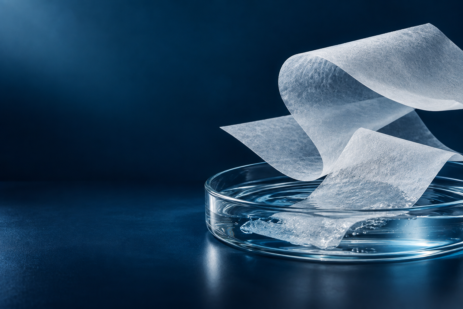 Thin water-soluble sheets suspended above a dish of water